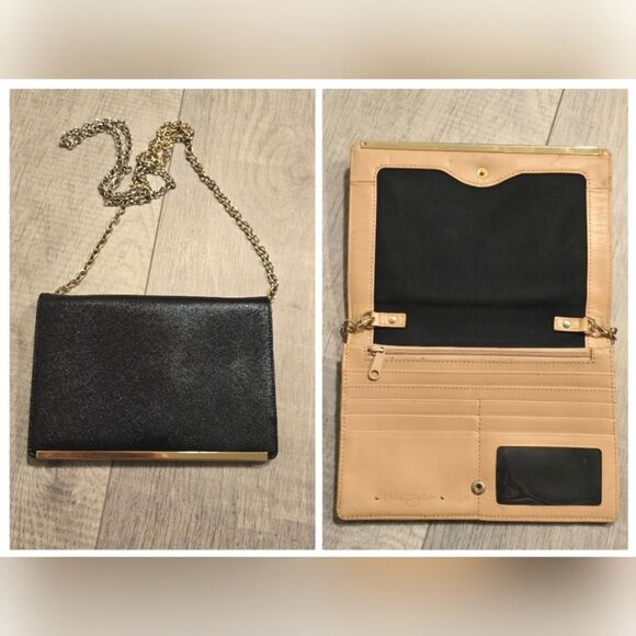 Halogen black genuine saffiano leather clutch crossbody purse wallet with chain - Picture 1 of 11